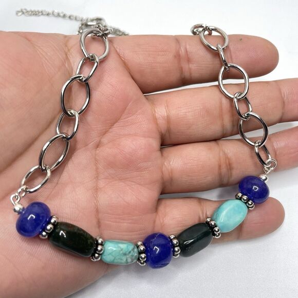 Boho Green Blue Gemstone Beaded Bar Silvertone Chain Necklace Chunky Statement - Picture 6 of 7